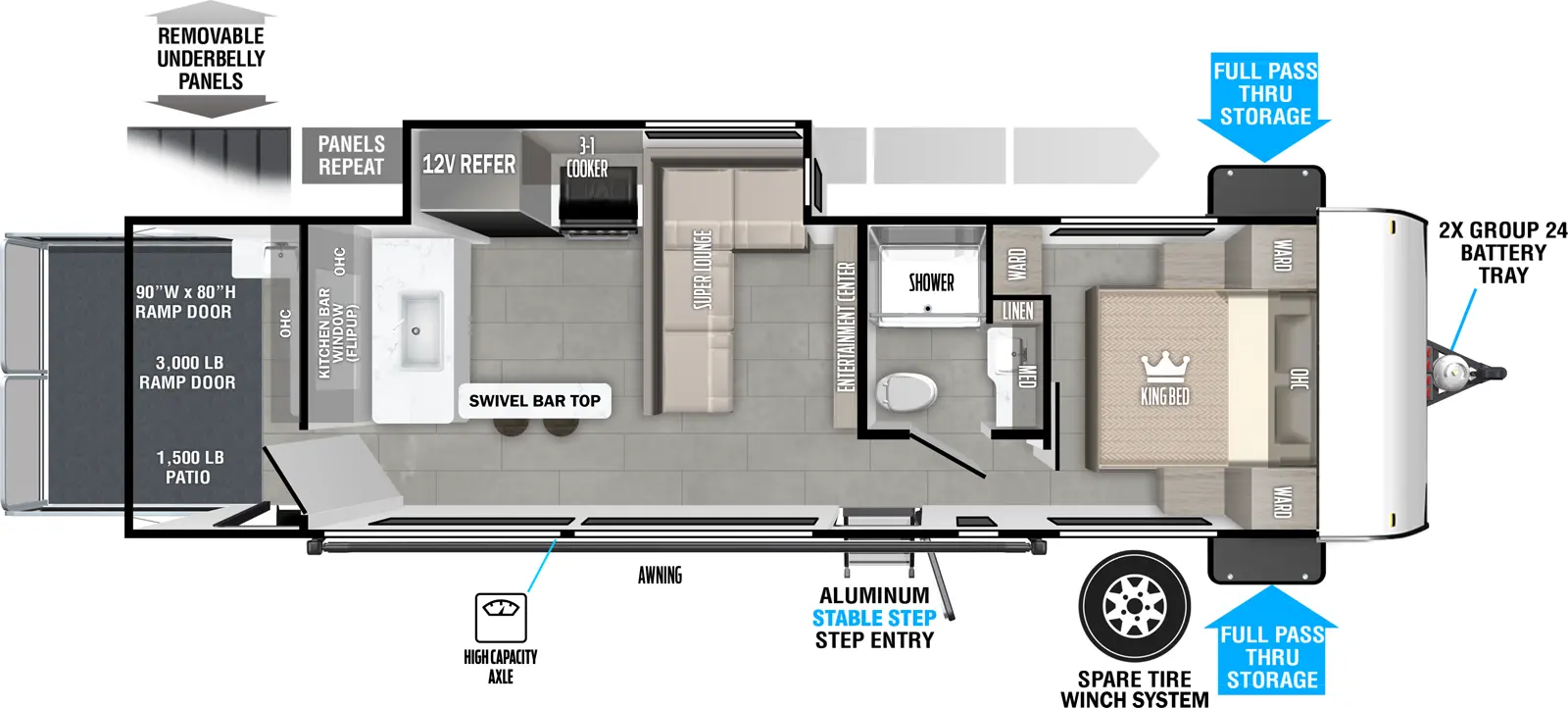 The Wildwood FSX 299VCVIEW floorplan is a toy hauler that has two entries and one slide out. Exterior features include: metal exterior. Interiors features include: front bedroom.